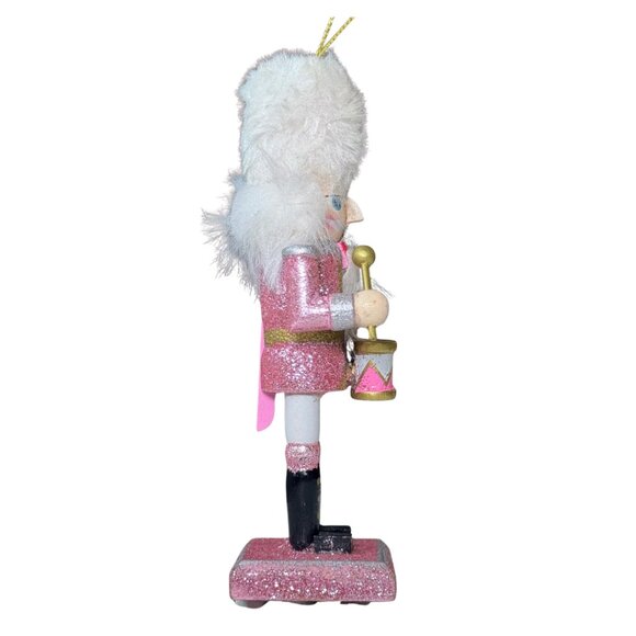 Nutcracker Pink Gold Drummer White Fur Hat Glitter Accents Ornament 5 1/2" - Picture 4 of 4